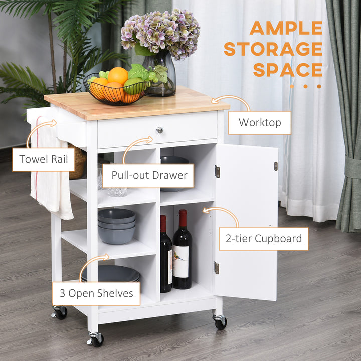 Kitchen Storage Trolley Unit w/ Wood Top 3 Shelves Cupboard Drawer Rail 4 Wheels Handles Moving Shelf Handy Spacesaver White