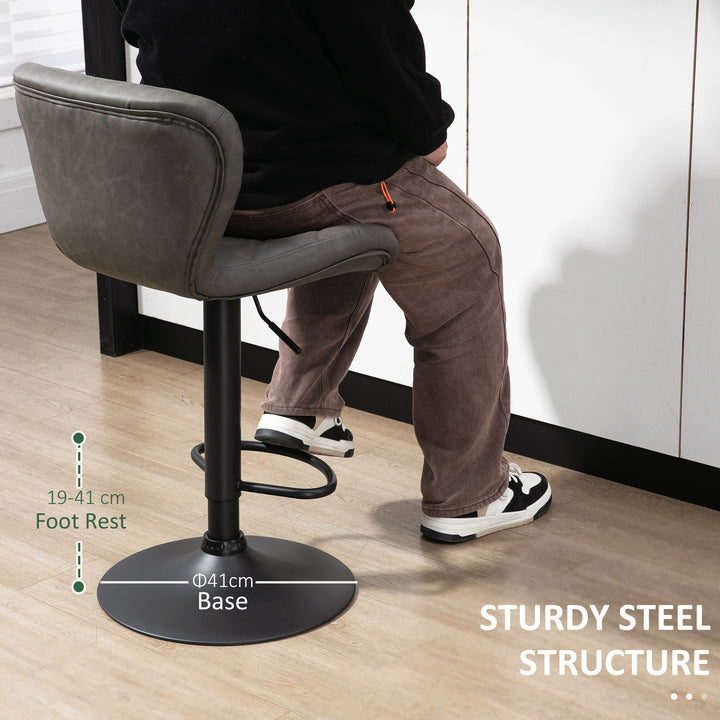 HOMCOM Adjustable Height Bar Stools Set of 2, Swivel Barstools with Backrest and Footrest, Steel Frame Diamond Pattern PU, Kitchen Dining, Dark Grey