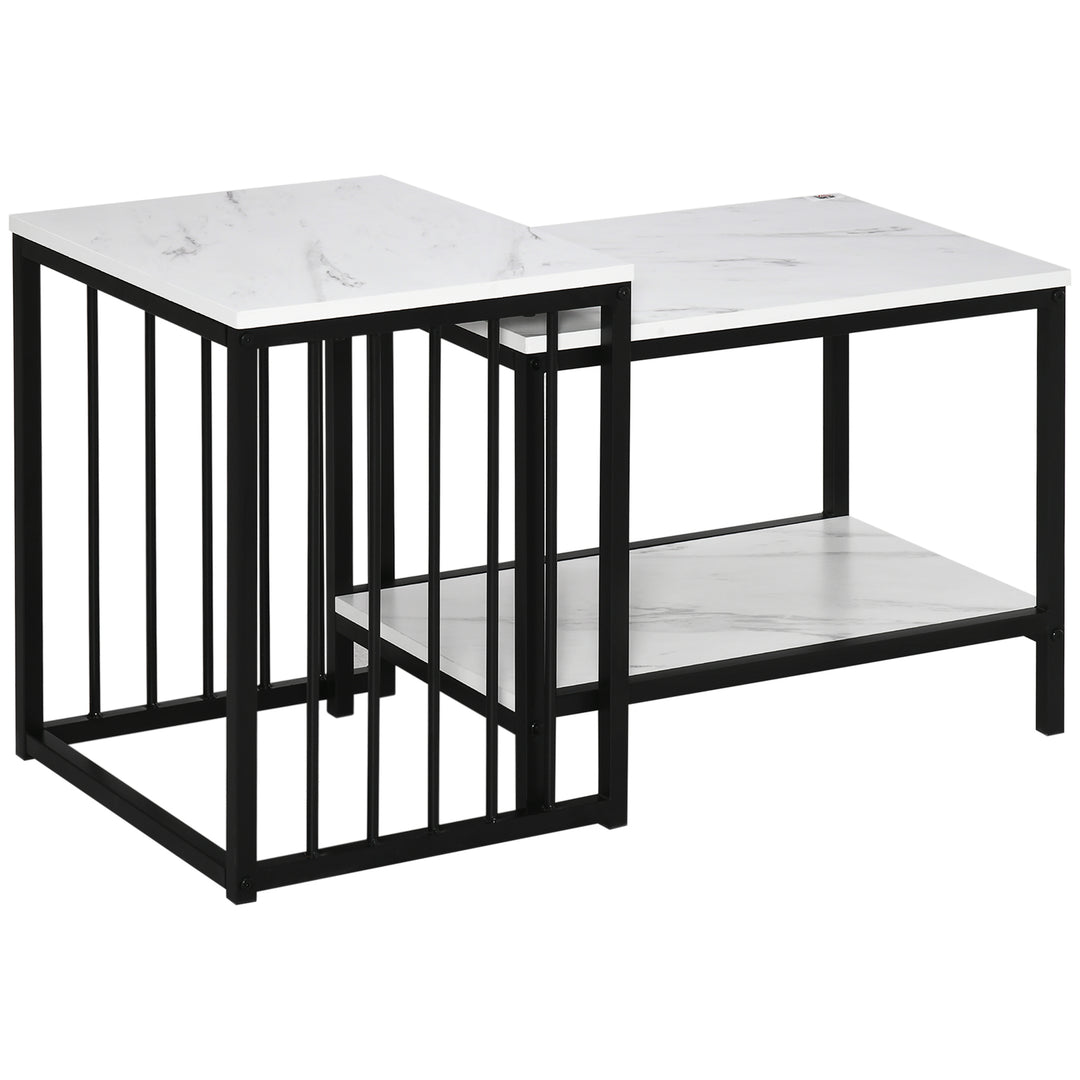 HOMCOM Modern Coffee Table Set of Two, Marble-Effect Nest of Tables with Steel Frame for Living Room, White and Black