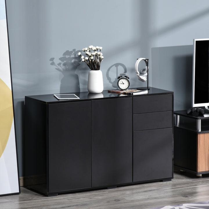 High Gloss Sideboard, Side Cabinet, Push-Open Design with 2 Drawer for Living Room, Bedroom, Black