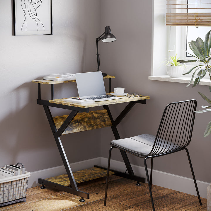 Compact Computer Table, R Shape Desk with Monitor Shelf and Storage for Home Office, Small, Study and Gaming 70cm, Brown