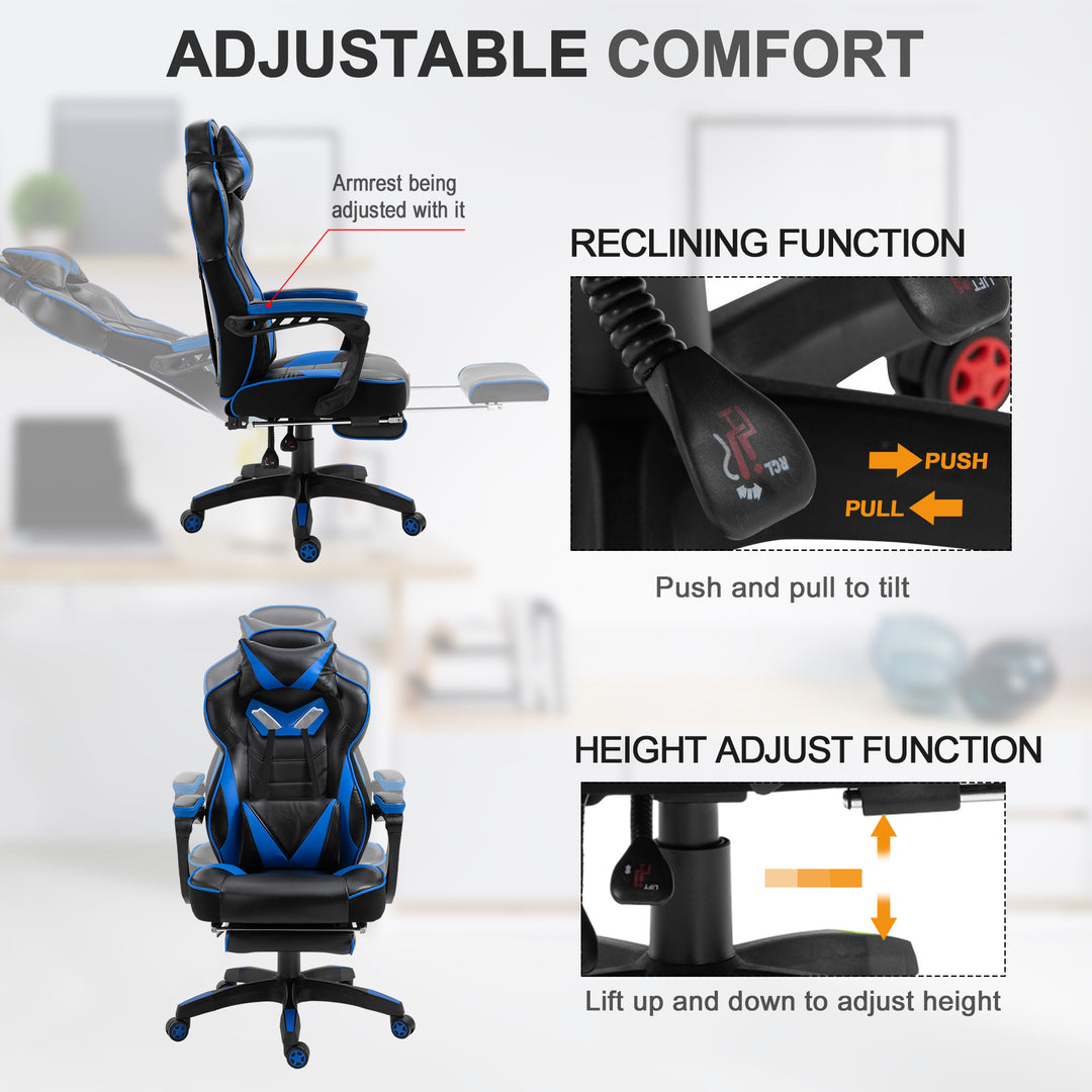 Vinsetto Ergonomic Racing Gaming Chair Office Desk Chair Adjustable Height Recliner with Wheels, Headrest, Lumbar Support, Retractable Footrest Blue