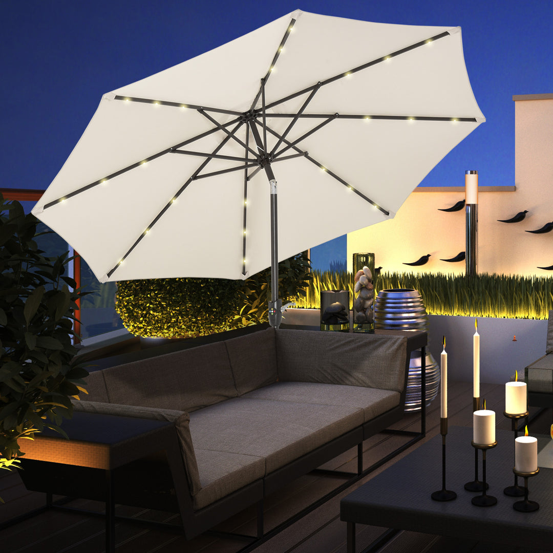 Outsunny Garden 24 LED Light Parasol Outdoor Tilt Sun Umbrella Patio Club Party Event Manual Sun Shade w/ Hand Crank Off-white