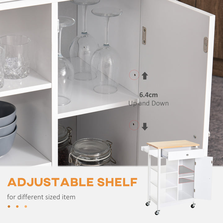 Kitchen Storage Trolley Unit w/ Wood Top 3 Shelves Cupboard Drawer Rail 4 Wheels Handles Moving Shelf Handy Spacesaver White