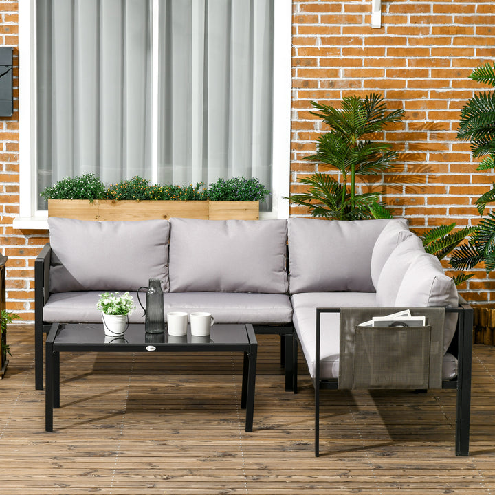 4 Piece Garden Furniture Set Metal Sofa Set w/ Tempered Glass Coffee Table, Conversational Corner Sofa Loveseat w/Padded Cushions Light Grey