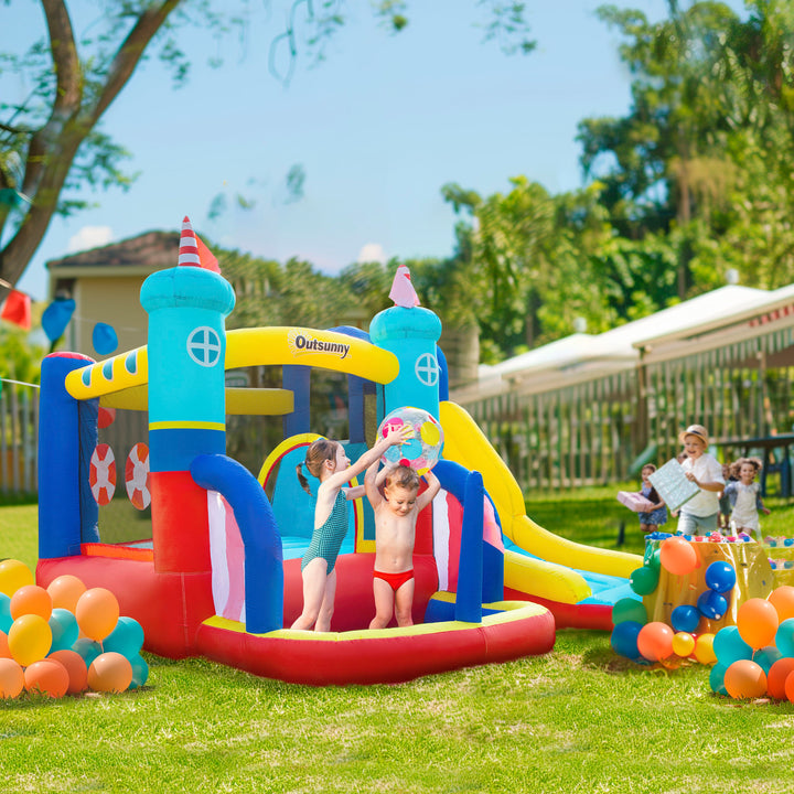 Outsunny 4 in 1 Kids Bounce Castle Large Sailboat Style Inflatable House Slide Trampoline Water Pool Climbing Wall for Kids Age 3-8, 2.65 x 2.6 x 2m
