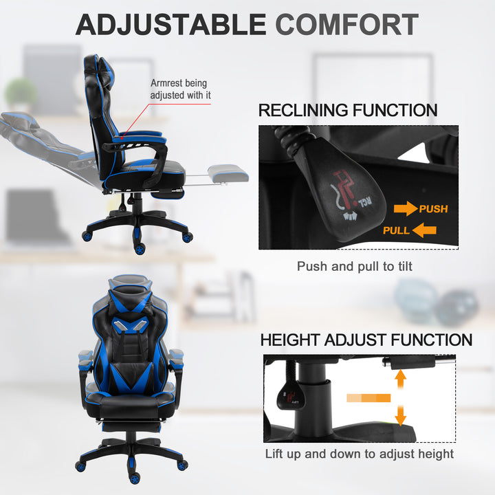 Vinsetto Ergonomic Racing Gaming Chair Office Desk Chair Adjustable Height Recliner with Wheels, Headrest, Lumbar Support, Retractable Footrest Blue