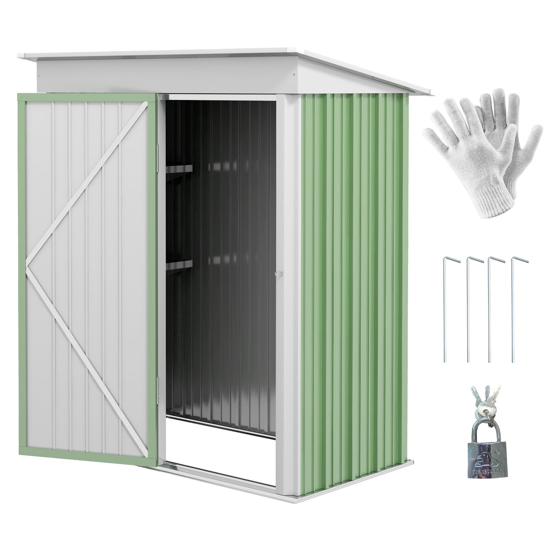 5'x3'x6' Metal Garden Shed Roofed Lean-to Shed for Tool Motor Bike, with Adjustable Shelf, Lock, Gloves, Green