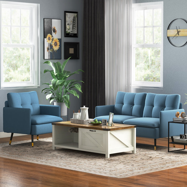 HOMCOM 2 Seater Sofas for Living Room, Fabric Couch, Button Tufted Love Seat with Cushions, Dark Blue