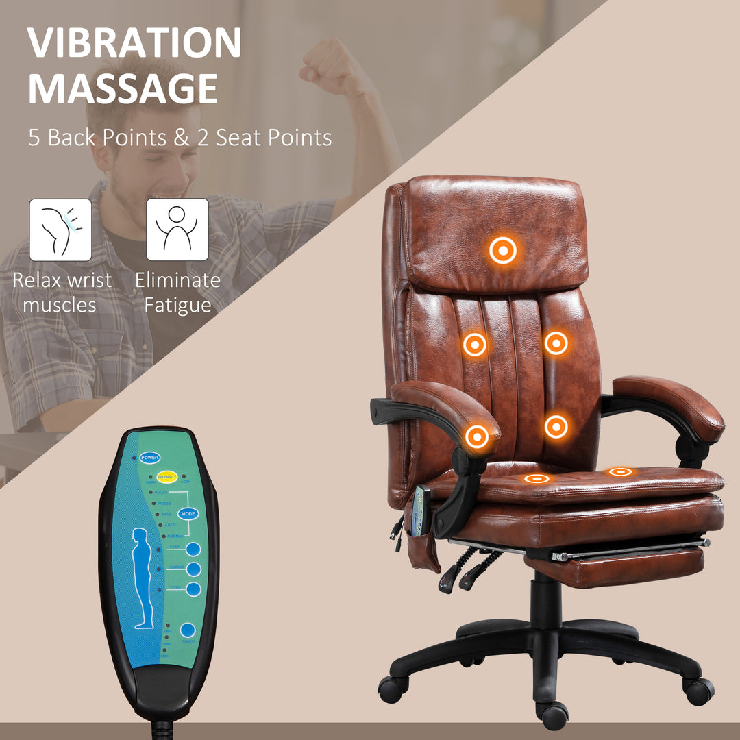 Vinsetto High Back Office Chair, Recliner Chair with Footrest, 7 Massage Points, Adjustable Height, Reclining Back, PU Leather, Brown