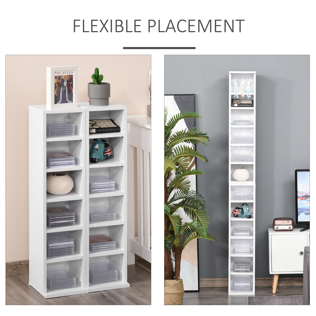 HOMCOM 204 CD Media Display Shelf Unit Set of 2 Blu-Ray DVD Tower Rack w/ Adjustable Shelves Bookcase Storage Organiser, White