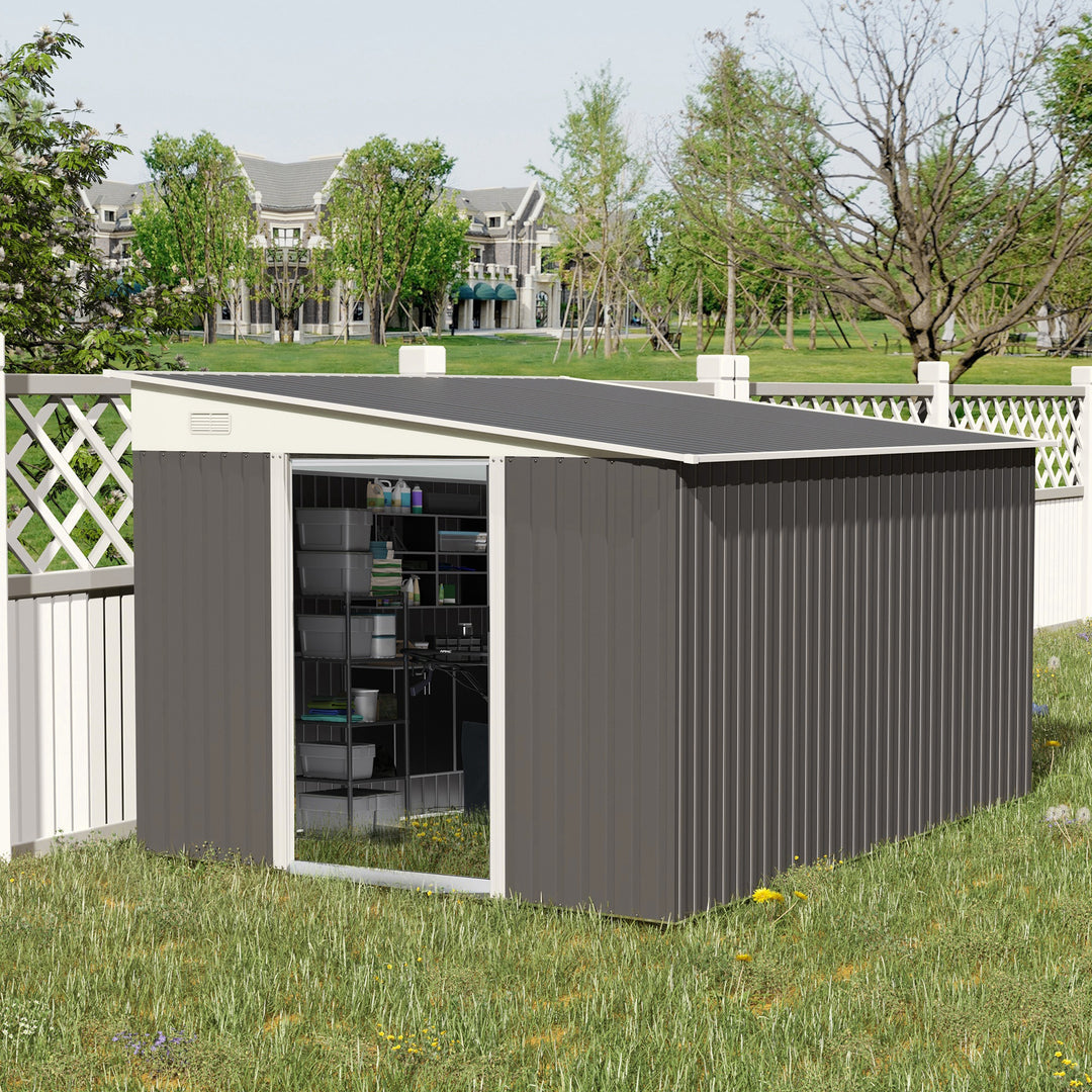 Outsunny 11 x 9 ft Metal Garden Storage Shed Sloped roof Tool House with Double Sliding Doors and 2 Air Vents, Grey