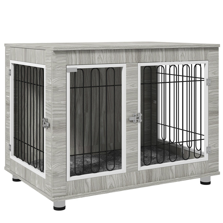 Indoor Dog Kennel w/ Soft Cushion, Double Door for Large Dogs, 106 x 74 x 81.5cm, Grey