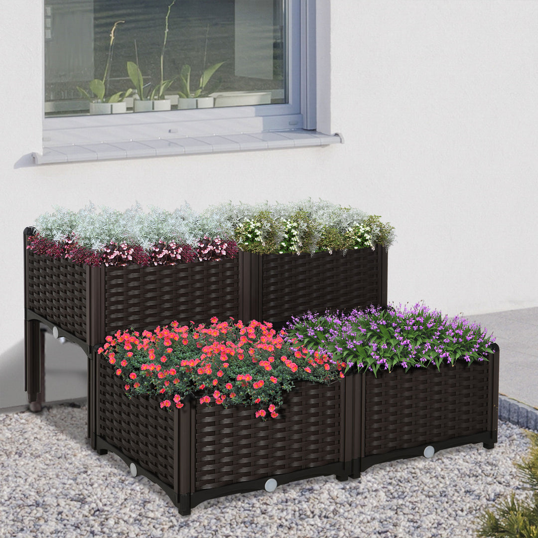 Set of 4 Garden Raised Bed Elevated Patio Flower Plant Planter Box PP Vegetables Planting Container, Brown