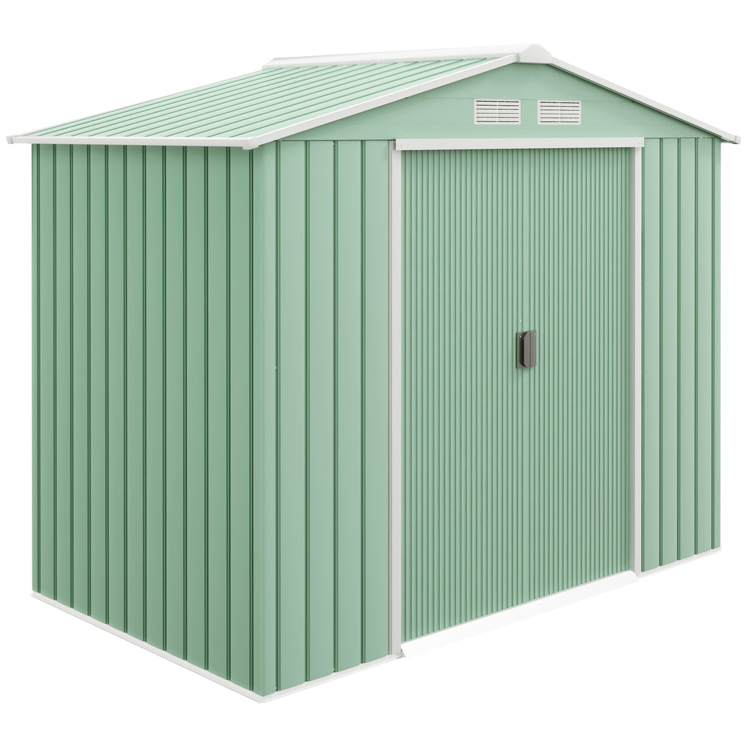 7ft x 4ft Lockable Garden Metal Storage Shed Large Patio Roofed Tool Storage Building Foundation Sheds Box Outdoor Furniture, Light Green