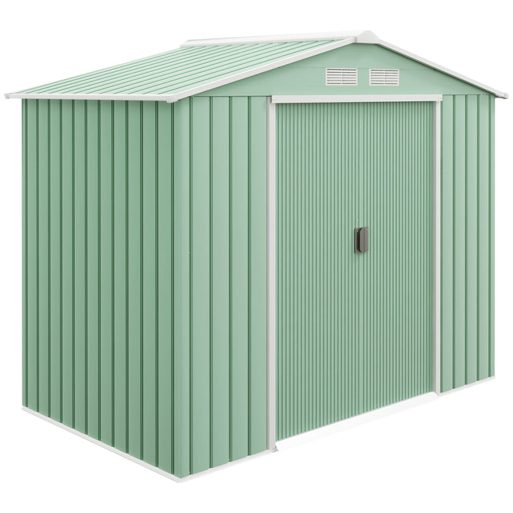 7ft x 4ft Lockable Garden Metal Storage Shed Large Patio Roofed Tool Storage Building Foundation Sheds Box Outdoor Furniture, Light Green