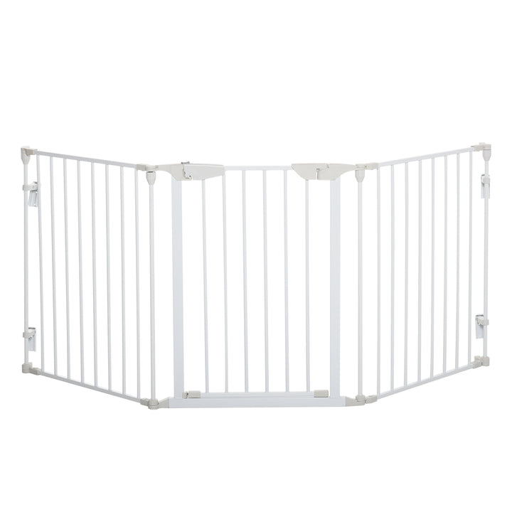 Pet Safety Gate 3-Panel Playpen Fireplace Christmas Tree Metal Fence Stair Barrier Room Divider w/Walk Through Door, White