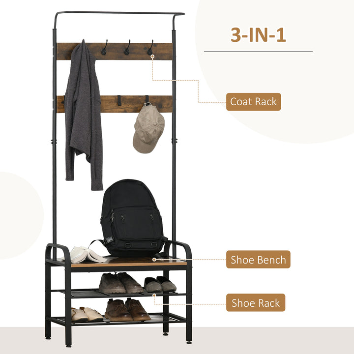 Coat Rack Stand Industrial hallway Shoe Rack Removable Hooks Metal Wood Hangers Storage Cabinet Rustic Brown 72L×34W×185H(cm)