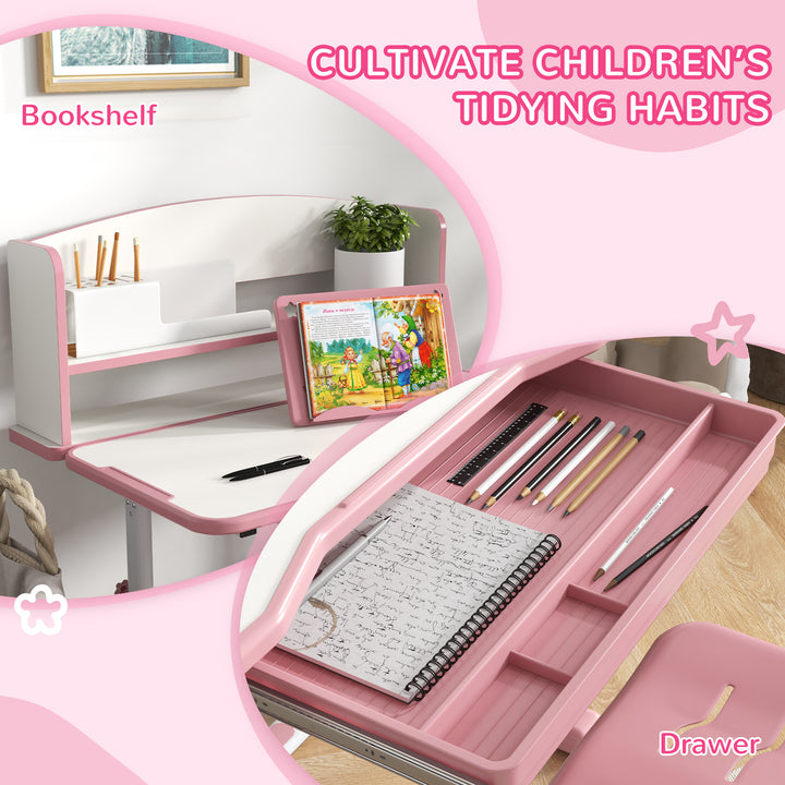 Height Adjustable Kids Study Table and Chair Set, with Drawer, Storage Shelf, Pink