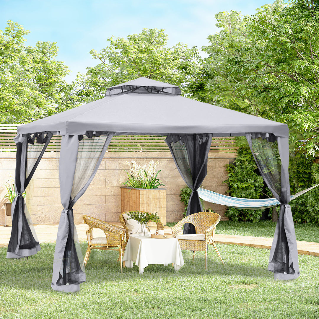 Outsunny 3 x 3 Meter Metal Gazebo Garden Outdoor 2-tier Roof Marquee Party Tent Canopy Pavillion Patio Shelter with Netting - Grey
