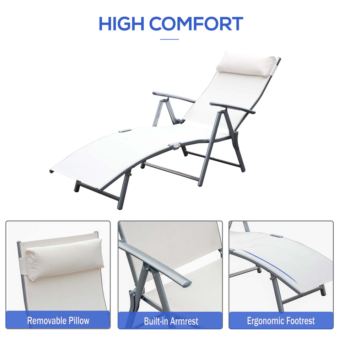 Outsunny Garden Lounger Steel Frame Outdoor Folding Chaise Recliner with Headrest & 7 Levels Adjustable Backrest, 81.5L x 20.5W x 64.5H, Cream White