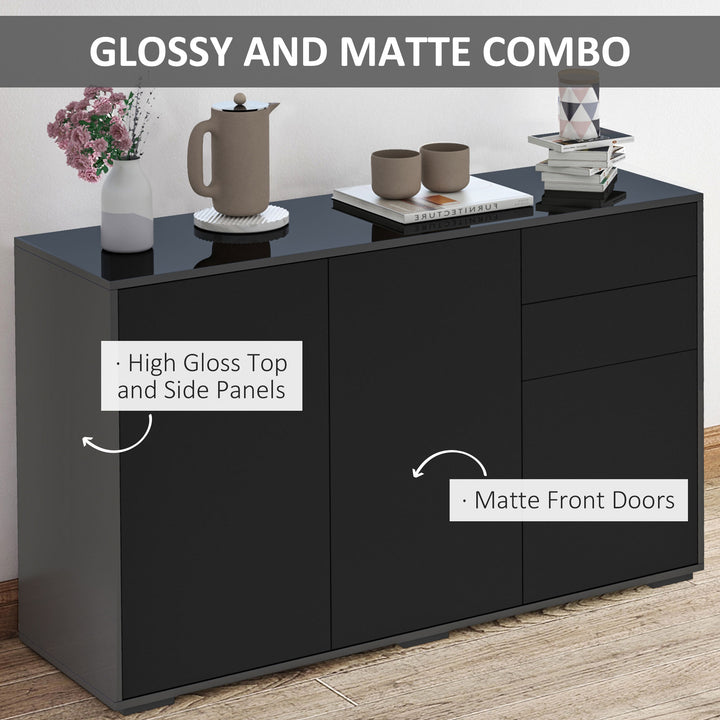 High Gloss Sideboard, Side Cabinet, Push-Open Design with 2 Drawer for Living Room, Bedroom, Black