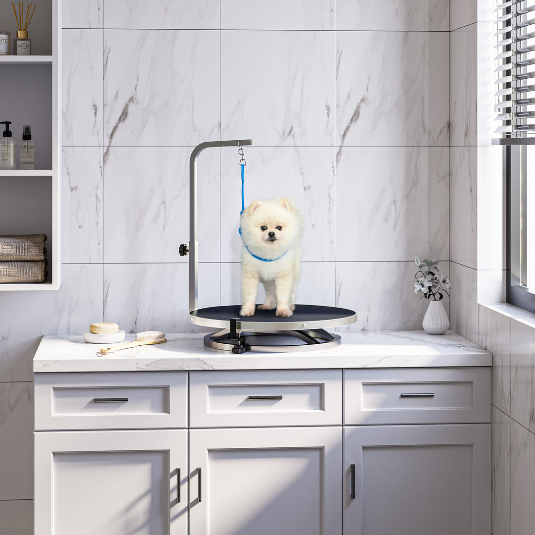 PawHut Rotatable Pet Grooming Tablewith Adjustable Arm Non-Slip Tabletop Locking System Aluminium Steel Frame Safety Leash Φ55 Black