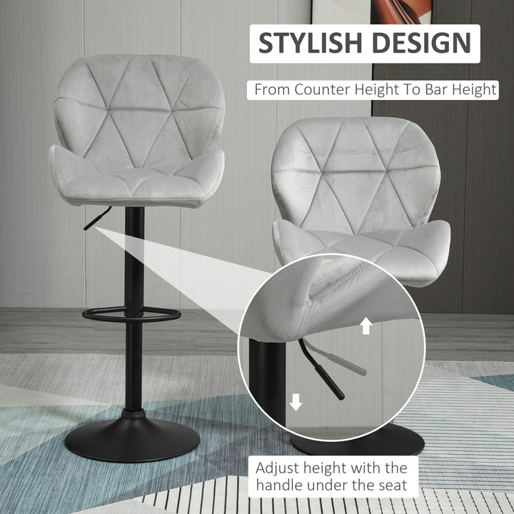 Bar Stool Set of 2 Fabric Adjustable Height Armless Upholstered Counter Chairs with Swivel Seat, Light Grey