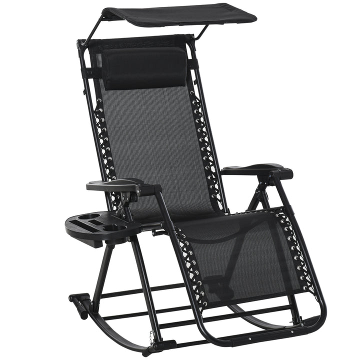 Outdoor Rocking Chair Folding Recliner Zero-Gravity Seat with Headrest Side Holder Patio Deck - Black