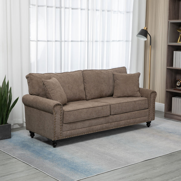 2 Seater Sofas for Living Room, Fabric Sofa with Nailhead Trim, Loveseat with Cushions and Throw Pillows, Brown
