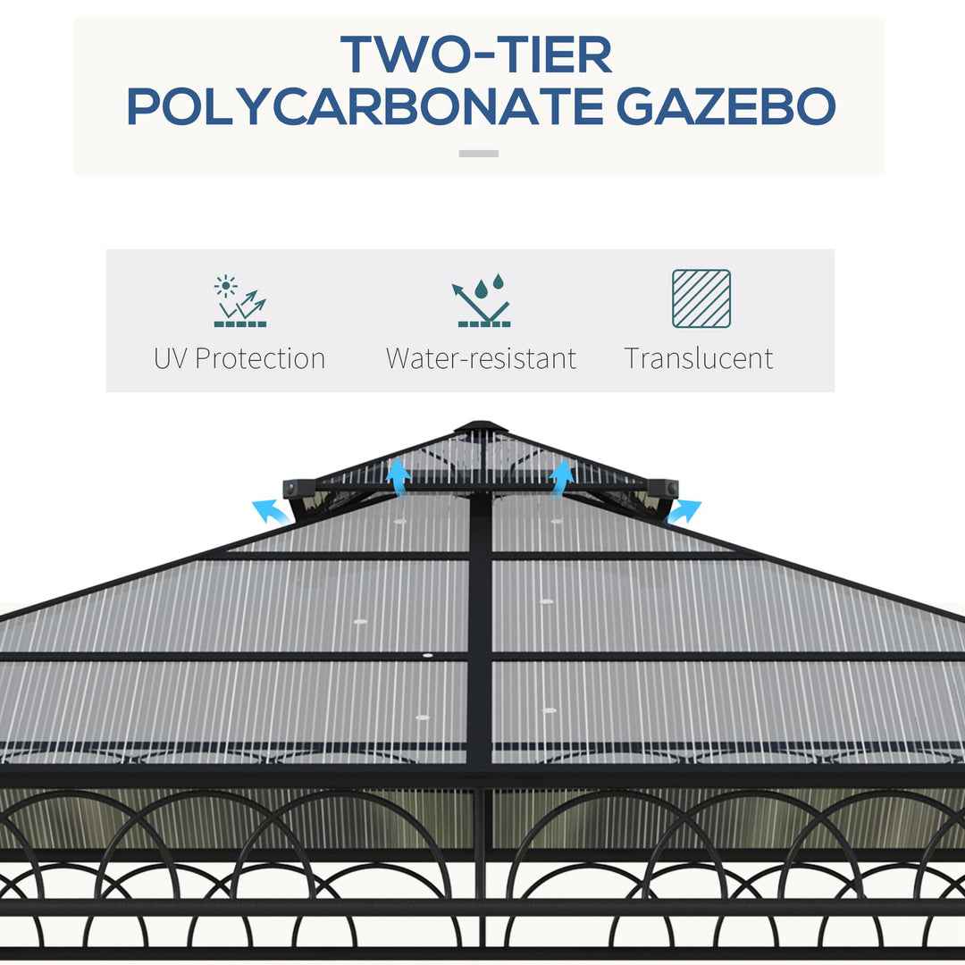 3 x 3 (m) Outdoor Polycarbonate Gazebo, Double Roof Hard Top Gazebo with Galvanized Steel Frame, Nettings & Curtains