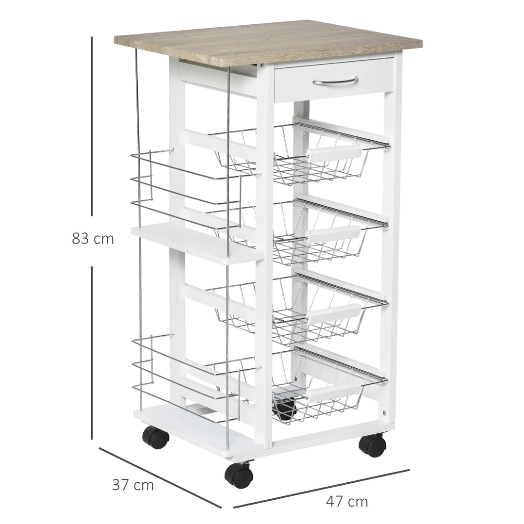 Rolling Kitchen Cart, Utility Storage Cart with 4 Basket Drawers & Side Racks, Wheels for Dining Room, Brown