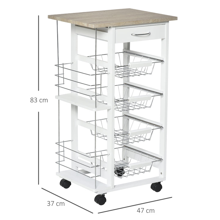 Rolling Kitchen Cart, Utility Storage Cart with 4 Basket Drawers & Side Racks, Wheels for Dining Room, Brown
