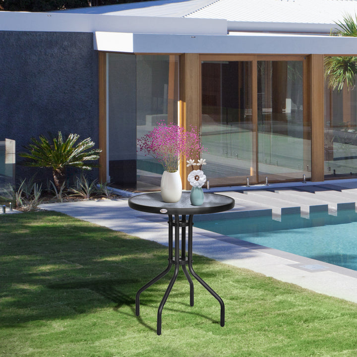 60×70H cm Round Metal Table, Garden Table Tempered Glass-Black