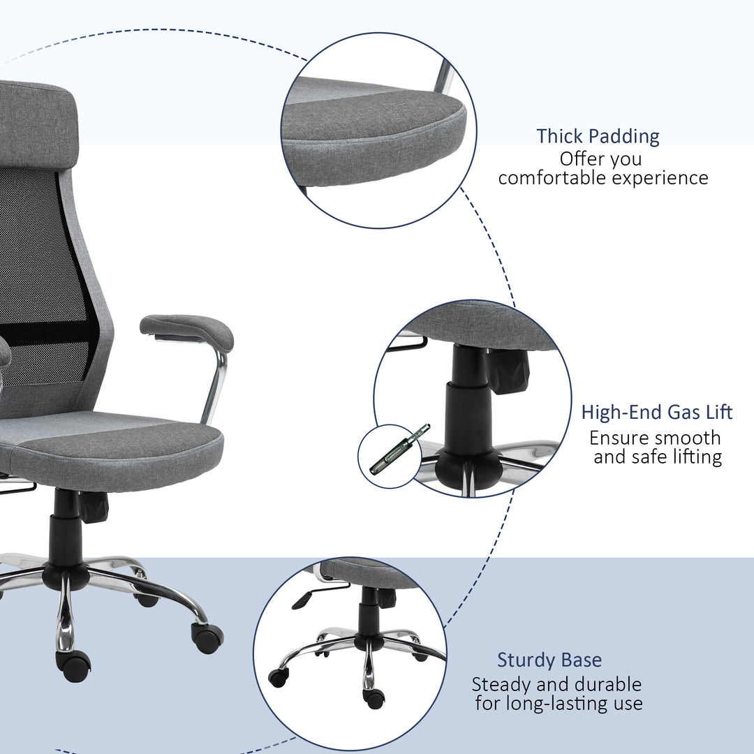 Vinsetto Office Chair Linen-Feel Mesh Fabric High Back Swivel Computer Task Desk Chair for Home with Arm, Wheels, Grey