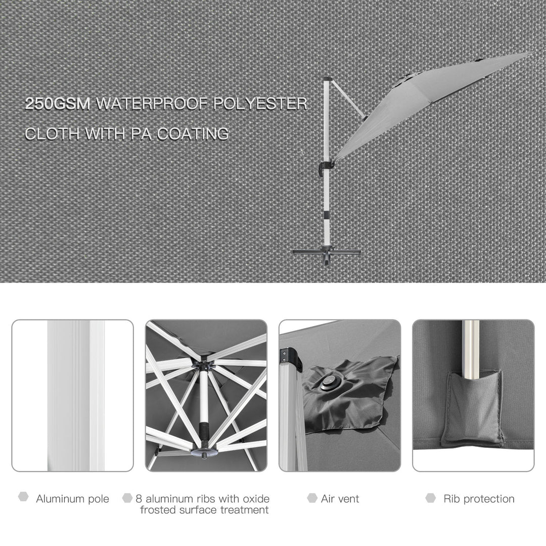 3 x 3(m) Cantilever Parasol, Square Garden Umbrella with Cross Base, Crank Handle, Tilt, 360° Rotation and Aluminium Frame, Grey