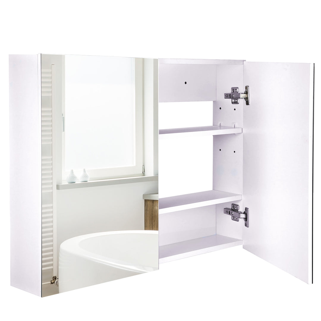 Double Door Wall Mounted Glass Mirror Cabinet Modern Storage Unit Bathroom Shelf Organiser Waterproof Wooden Frame 80Lx60Hx15D(cm)