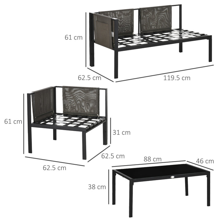 4 Piece Garden Furniture Set Metal Sofa Set w/ Tempered Glass Coffee Table, Conversational Corner Sofa Loveseat w/Padded Cushions Light Grey