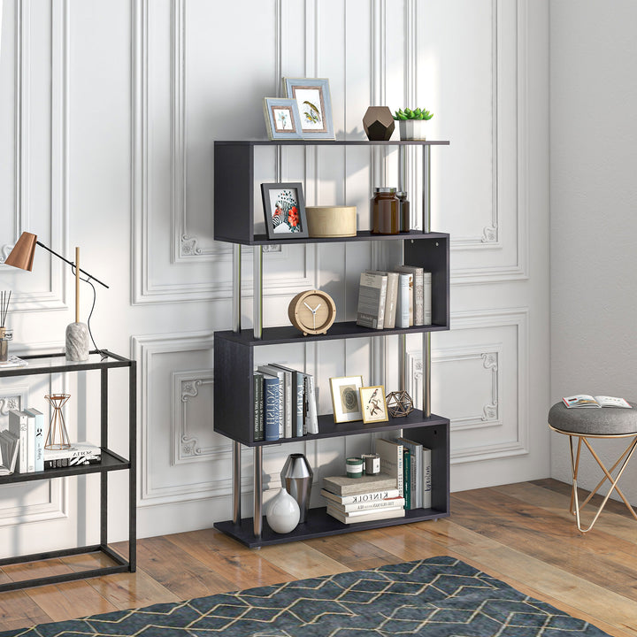 HOMCOM Wooden S Shape Bookcase Bookshelf Dividers Storage Display Unit Black