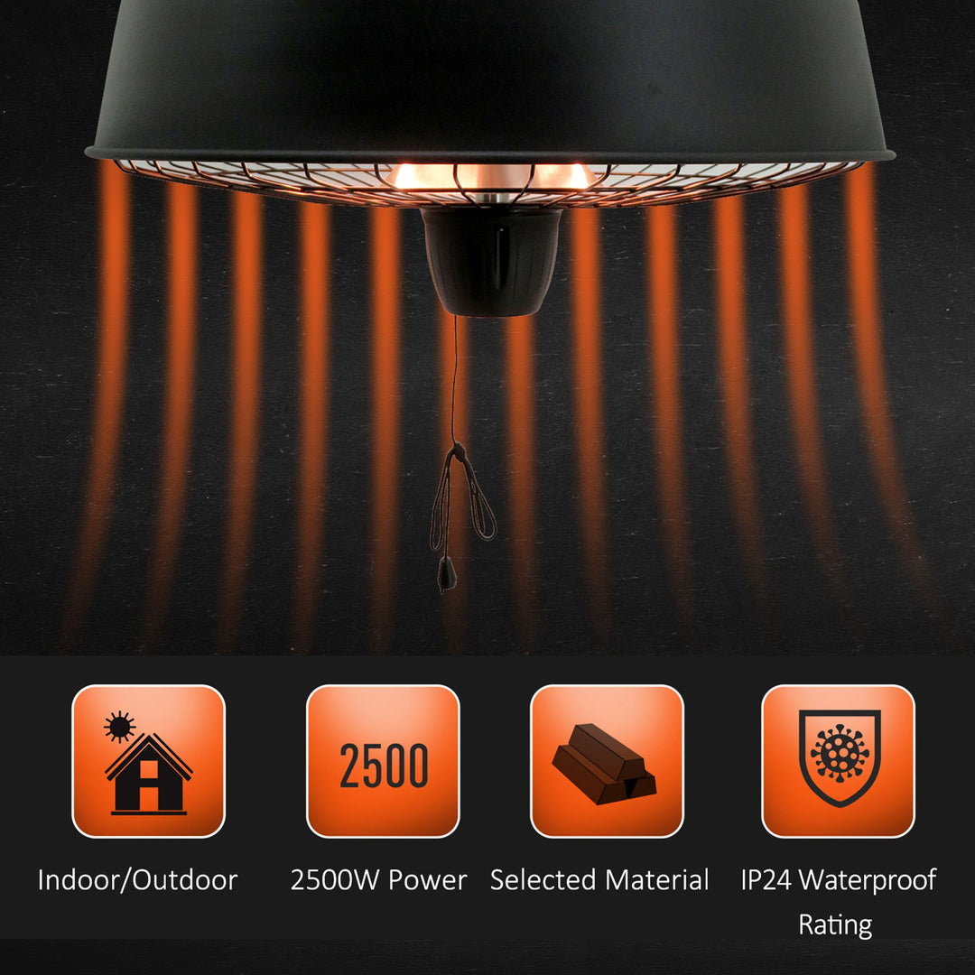 Adjustable Power 1000/2500W Infrared Halogen Electric Light Heater, Ceiling Hanging Mount -Black