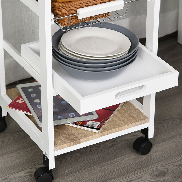 Mobile Rolling Kitchen Island Trolley for Living room, Serving Cart with Drawer & Basket, White