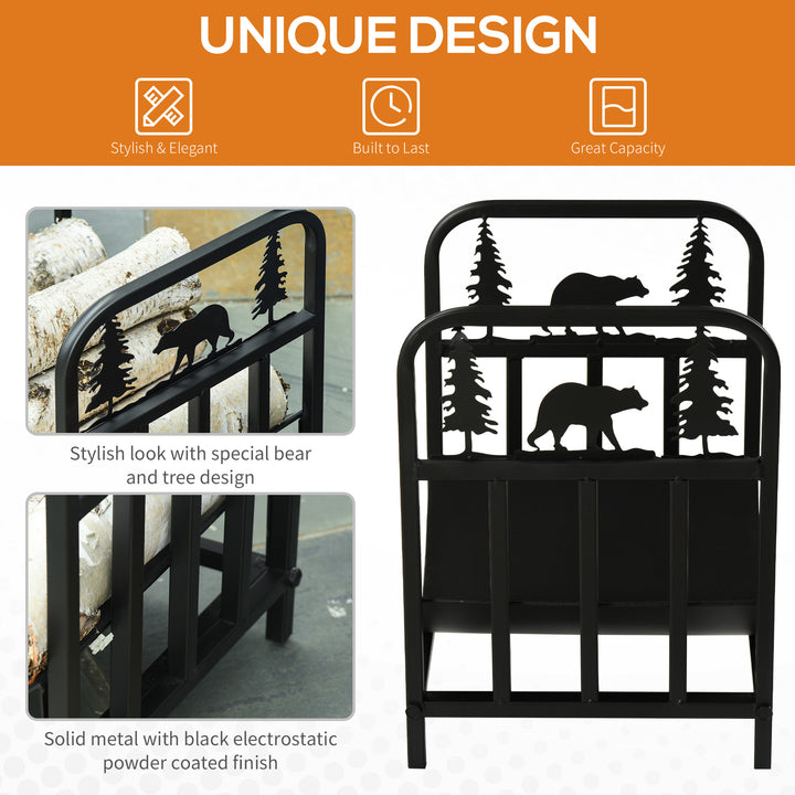 Outsunny Firewood Log Rack Curved Fireplace Log Holder Wood Storage Rack with Handles, Bear Shape Design, Outdoor and Indoor, 42 x 33.5 x 43 cm, Black