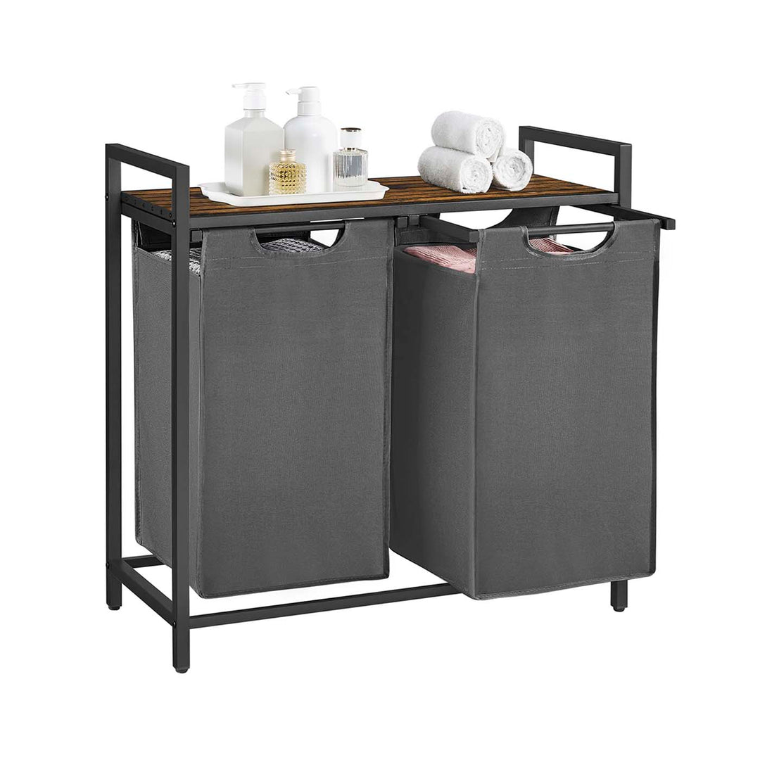 Laundry Basket with 2 Compartments in Metal Frame, Rustic Brown and Grey