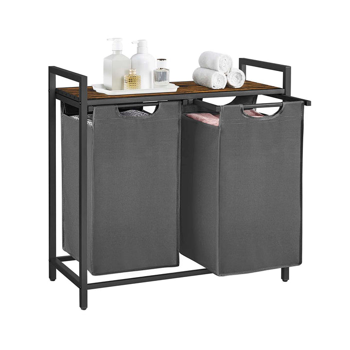 Laundry Basket with 2 Compartments in Metal Frame, Rustic Brown and Grey