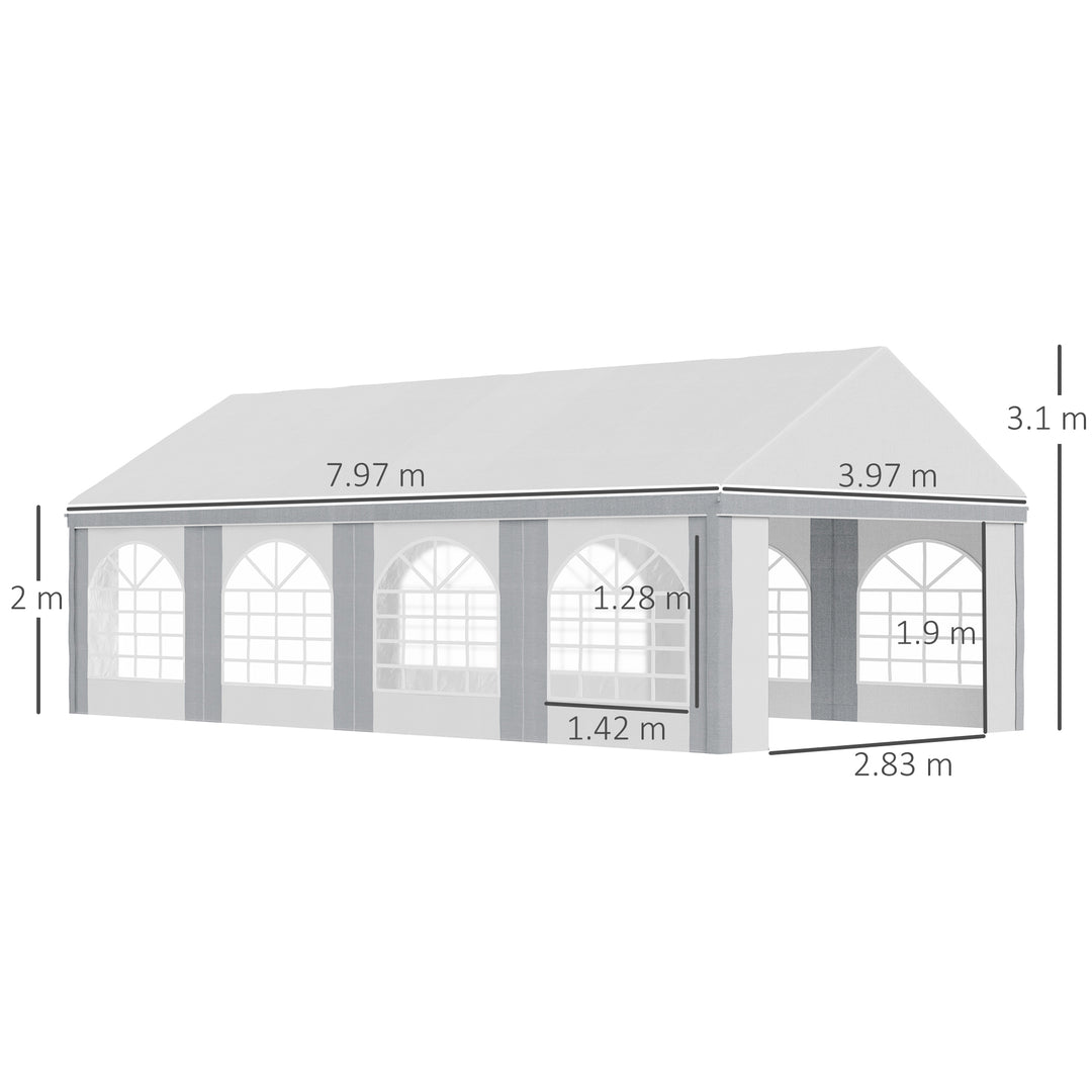 8 x 4m Galvanised Party Tent, Marquee Gazebo with Sides, Eight Windows and Double Doors, for Parties, Wedding and Events