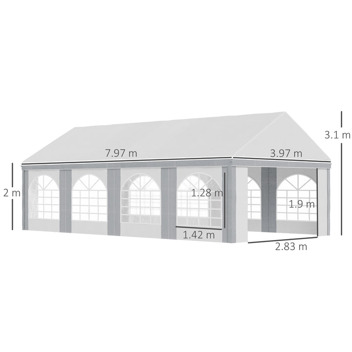 8 x 4m Galvanised Party Tent, Marquee Gazebo with Sides, Eight Windows and Double Doors, for Parties, Wedding and Events