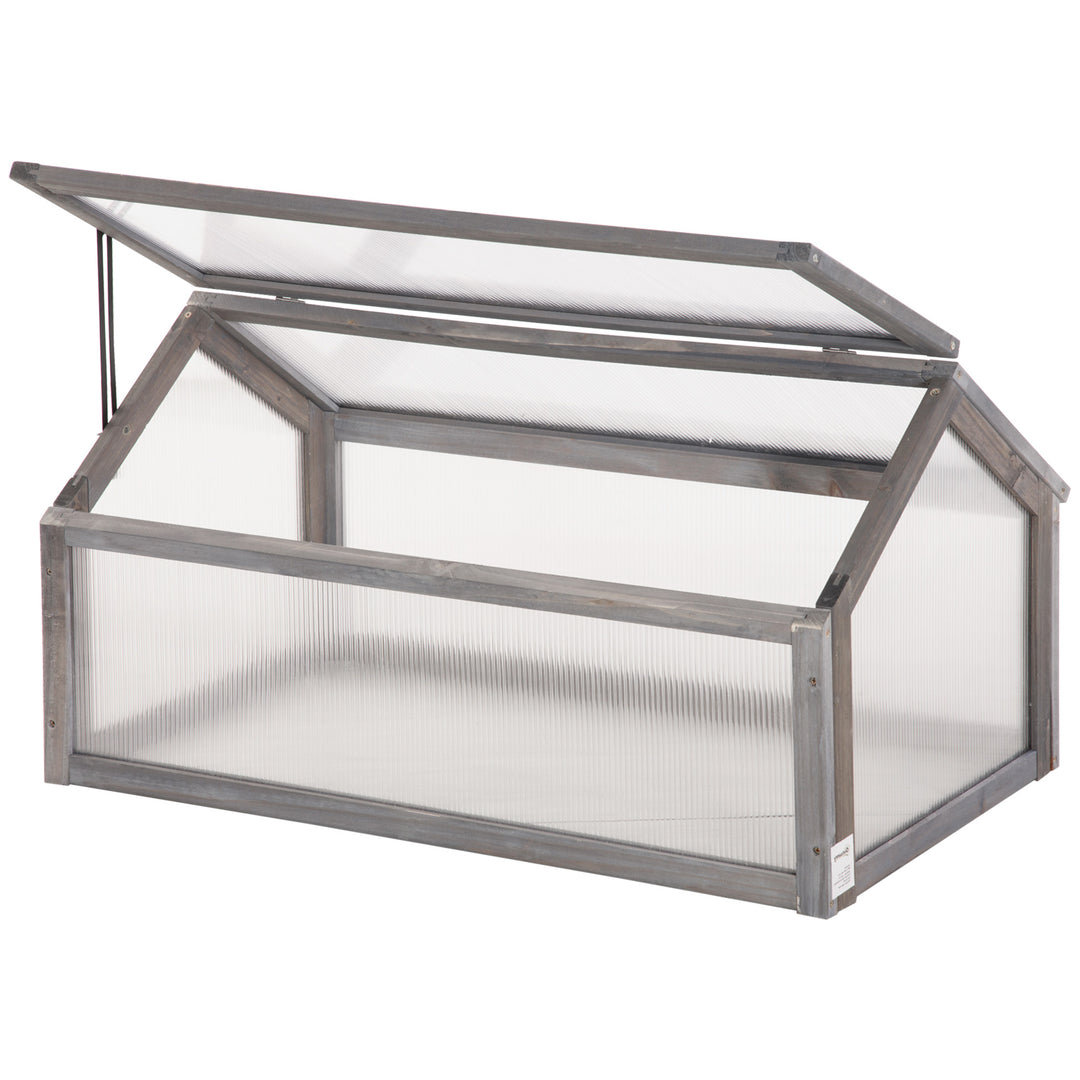 Outsunny Wooden Cold Frame Greenhouse Garden Polycarbonate Grow House with Openable Top for Flowers, Vegetables, Plants, 90 x 52 x 50cm, Grey