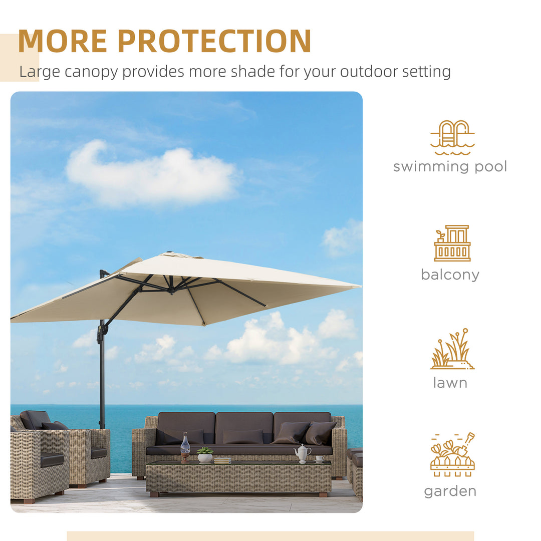 2.7 x 2.7 m Cantilever Parasol, Square Overhanging Umbrella with Cross Base, Crank Handle, Tilt, 360° Rotation, Aluminium Frame, Cream White