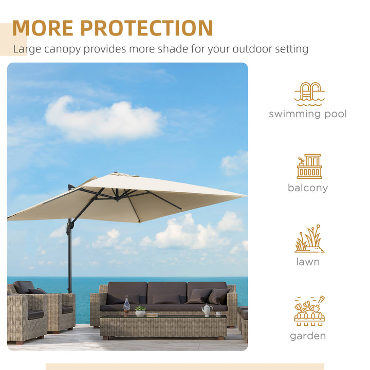 2.7 x 2.7 m Cantilever Parasol, Square Overhanging Umbrella with Cross Base, Crank Handle, Tilt, 360° Rotation, Aluminium Frame, Cream White