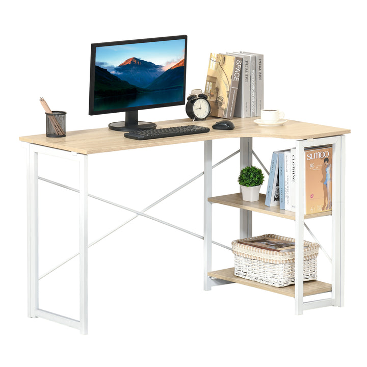 HOMCOM L-Shaped Computer Desk, Folding Home Office Corner Desk Study Workstation Table with 2 Shelves, Oak Tone